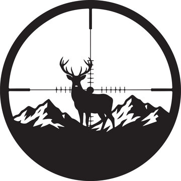 Majestic deer silhouette framed in a hunting scope against a rugged mountain landscape