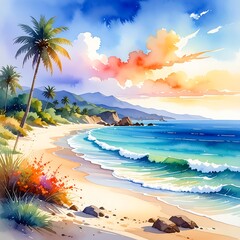 Watercolor of a serene beach with palm trees, turquoise sea, and a beautiful sky