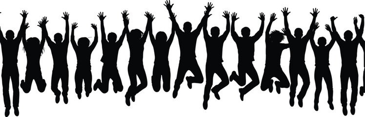 Group jump silhouette, celebration pose, joyful energy, diverse figures, unity in motion, black and white, CAD drawing flat vector illustration
