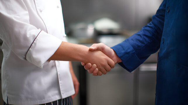 Chef and restaurant manager shake hands in a kitchen setting during a meeting on a busy day at work
