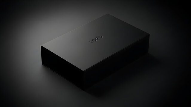 Luxury black matte gift box with embossed logo on dark background featuring dramatic lighting for premium product packaging branding and advertising