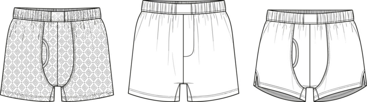 Men&rsquo;s boxer shorts technical sketch with waistband, fly variations, seam detailing, and front views of three underwear styles