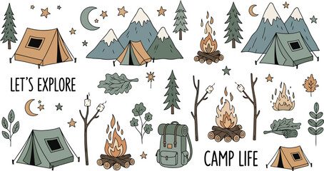 Camping and Nature Doodle Elements with Text explore camp life