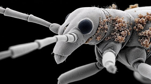 close-up of a microscopic flea under scanning electron microscope demonstrating detailed body structure and hairs