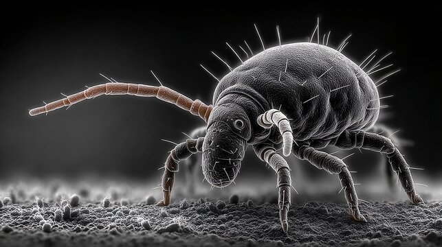 close-up of a dust mite under microscope with spikes and textured body in black and white