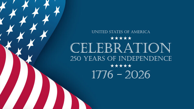 Celebration 250 years of Independence festive banner with waving national flag of the United States. Blue background. Vector illustration.