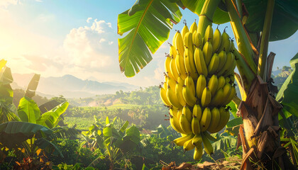 Lush tropical banana plantation bathed in golden morning sunlight with ripe yellow fruit clusters hanging from trees and rolling green hills in the background
