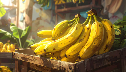 Close up of ripe yellow bananas with black spots resting in a rustic wooden crate bathed in warm sunlight with lush green tropical leaves in the background a vibrant market scene evoking freshness
