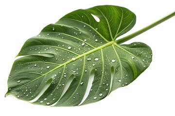 Tropical green leaf with visible veins, dew drops, macro photography, isolated on transparent background
