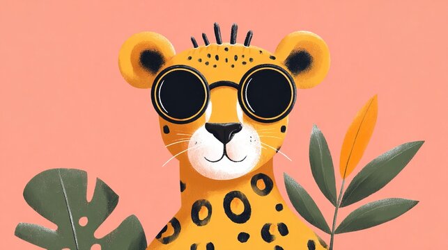 Cool leopard wearing sunglasses with green leaves on a pink background in a fun and playful setting