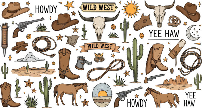 Wild West Themed Doodle Elements With Cowboys And Horses western rodeo