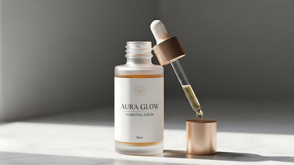 Frosted glass dropper bottle with gold cap and hydrating serum pipette on marble surface in bright natural light for luxury skincare brand mockup
