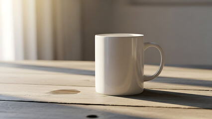Classic white ceramic coffee mug sitting on rustic wooden table surface with soft warm sunlight casting long shadows in minimalist interior background