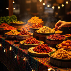 A vibrant buffet table filled with various dishes and a hand reaching for food