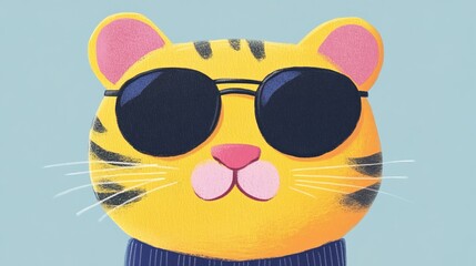 Fototapeta premium Cute cartoon tiger wearing sunglasses and a sweater on a plain background