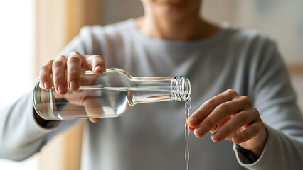 Close up of person pouring clear water from glass bottle into unseen glass in bright kitchen setting focusing on hand movement and fluid motion detail