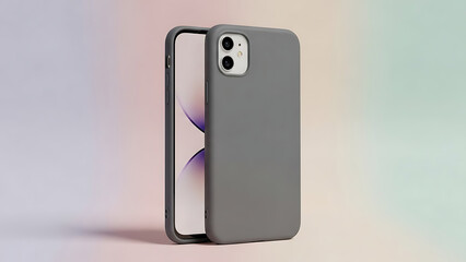 Grey silicone protective case on smartphone with another phone showing screen background next to it against colorful pastel gradient studio backdrop