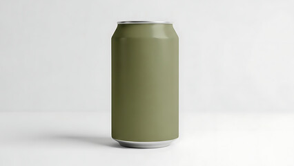 Aluminum soda can mockup in matte olive green color standing on white clean studio surface with soft realistic lighting and professional sharp focus