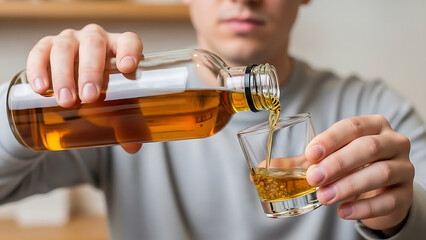 Man pouring golden amber whiskey from glass bottle into small drinking glass with sharp focus on splashing liquid and detailed reflections of light