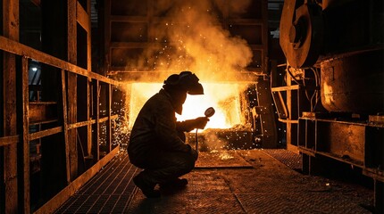 Fototapeta premium Industrial worker inspecting molten metal in a fiery factory environment from a crouched viewpoint