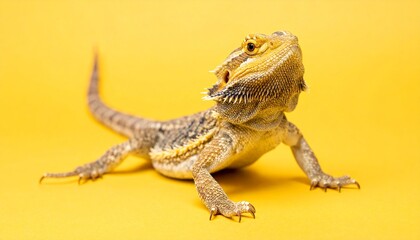 Obraz premium Bearded dragon on yellow background.