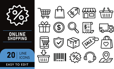 Online shopping line icon set featuring e-commerce symbols for web and mobile design