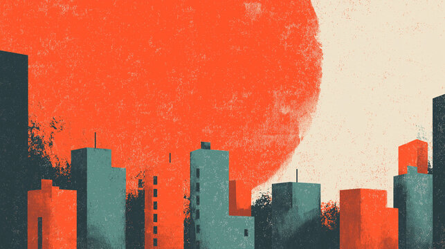 Comic Style City Buildings Illustration with Big Sun Background