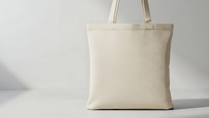 Natural beige cotton tote bag mockup standing on light surface with soft sunlight and shadows for eco friendly shopping and sustainable fashion brand