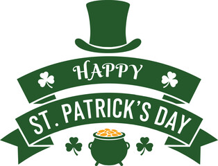 Happy st. patrick's day festive graphic with top hat, shamrocks, and pot of gold