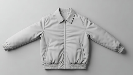 Front view of light gray bomber jacket lying flat on smooth background featuring zipper closure ribbed cuffs classic collar and minimalist fashion
