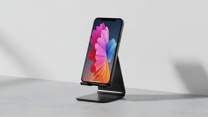 Smartphone with vibrant colorful screen display resting on sleek black metal desk stand against clean white wall with soft natural shadow patterns