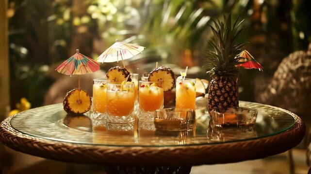 Tropical cocktails with pineapple and decorations on a table
