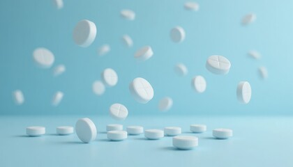 White round pills falling and resting on blue surface