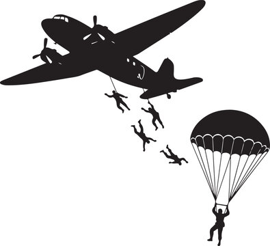 Paratroopers jumping from an airplane with one deploying a parachute in a classic silhouette