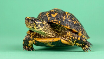 Obraz premium Colorful turtle on green background studio.