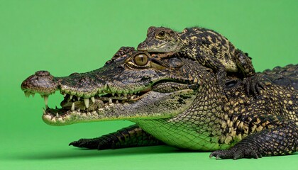 Obraz premium Crocodile Reptile Green Background Studio Shot.