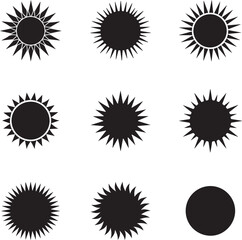 Silhouette of various sun and starburst shapes in black on white background for design use