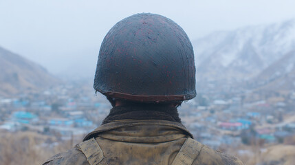 
Close-Up of Soldier Helmet Watching a Ruined City After War