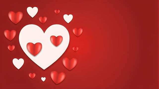 A romantic and vibrant red background design featuring numerous floating red and white hearts, centered by a large white heart, perfectly symbolizing love and heartfelt celebration