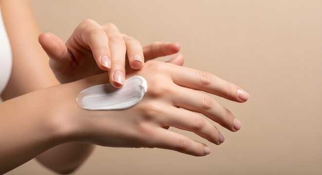 Woman applying moisturizer to her hand for smooth skin care