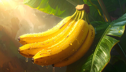 Ripe Yellow Bananas cluster hanging from tropical tree branch with water droplets in sunlight warm golden hour light lush green leaves tropical plantation agriculture