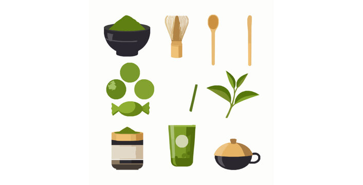 Flat matcha tea ceremony icons vector set Japanese green tea