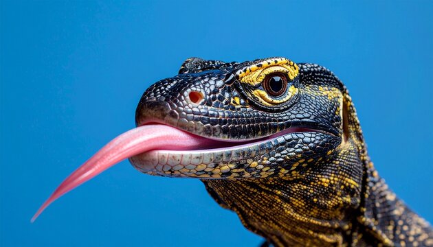 Closeup of lizard sticking out tongue.