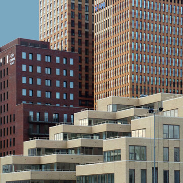 Close-up of various Modern office buildings, Zuidas, Amsterdam, The Netherlands