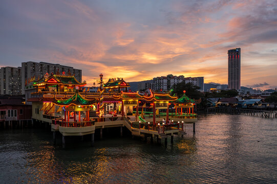 View into land of Hean Boo Thean Kuan Yin Temple at sunset, George Town, Penang, Malaysia
