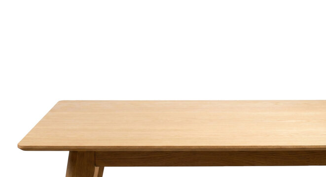 Empty wooden table top surface isolated on white background with perspective