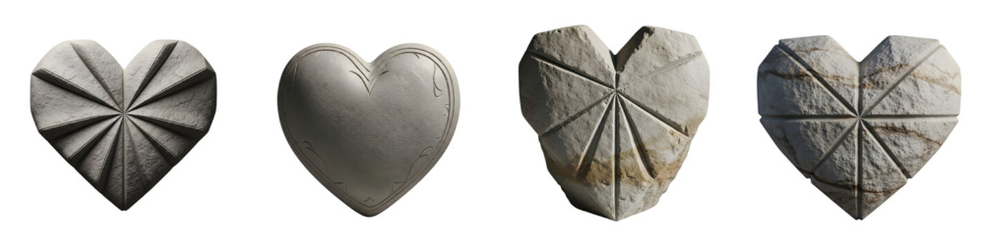 Set of sculpted stone hearts in various styles on a transparent background
