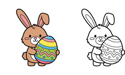 Obraz premium Cute cartoon rabbit holding a decorated Easter egg. Vector illustration set including a colored version and a black and white outline for coloring book.