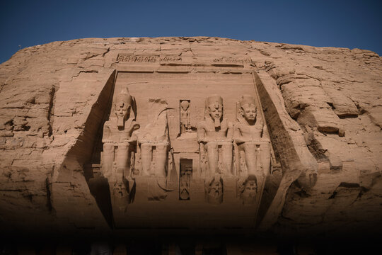 Close-up of the facade of the Temple of Nefertari (Nefertiti), Abu Simbel, Aswan, Egypt