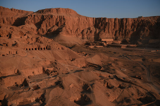 Aerial view of the Mortuary Temple of Hatshepsut and rock-cut tombs in the Valley of the Kings, Luxor, Egypt